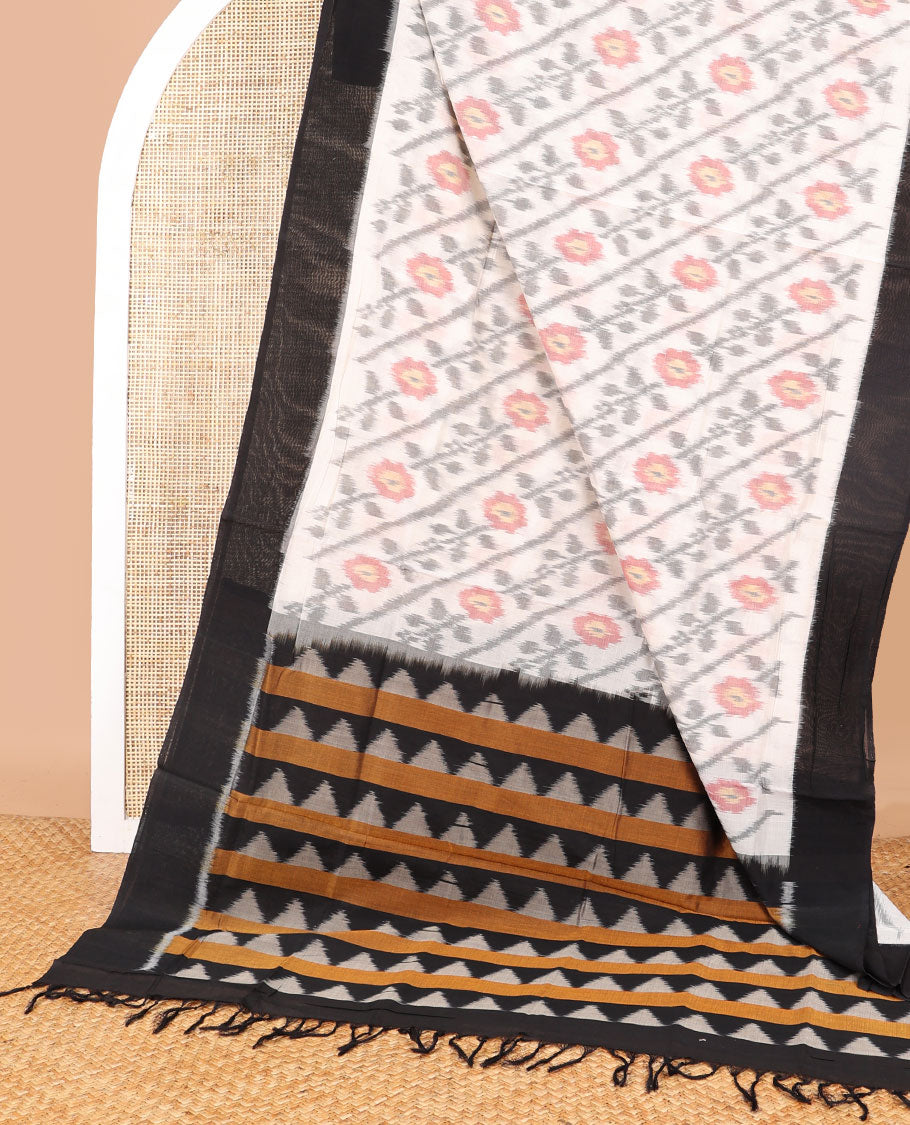 White floral design ikkat cotton saree with contrast border & geometric design pallu