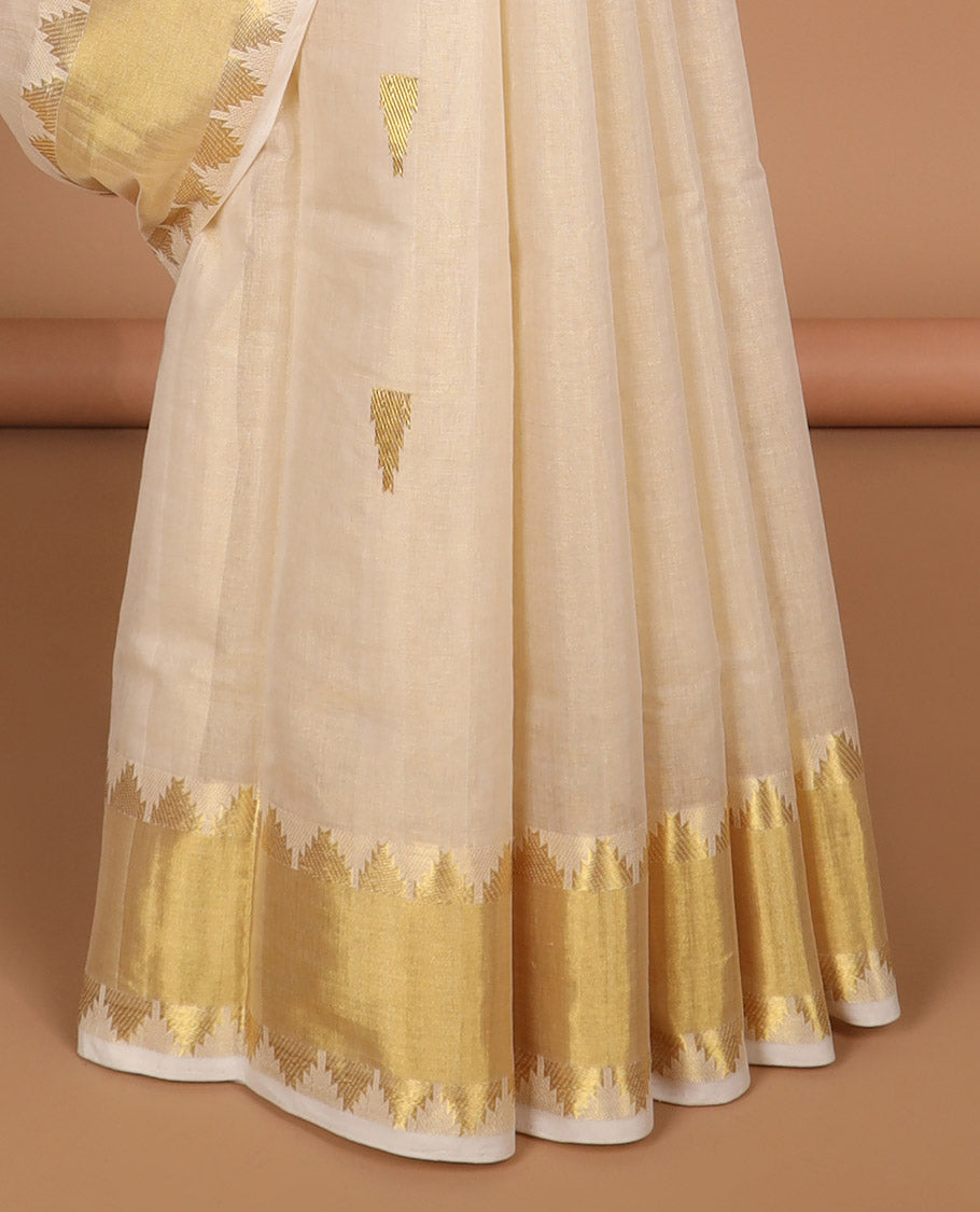 Cream triangle motifs kasavu saree with self temple border & temple design pallu
