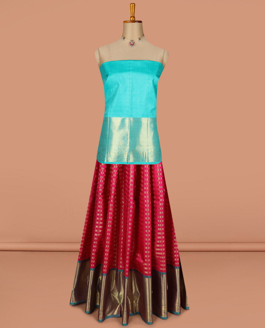 Maroon pure silk half saree, zari design skirt, contrast border and blouse of thilakam, kodi visiry, maga design and mayil kann, and intricate dhavani