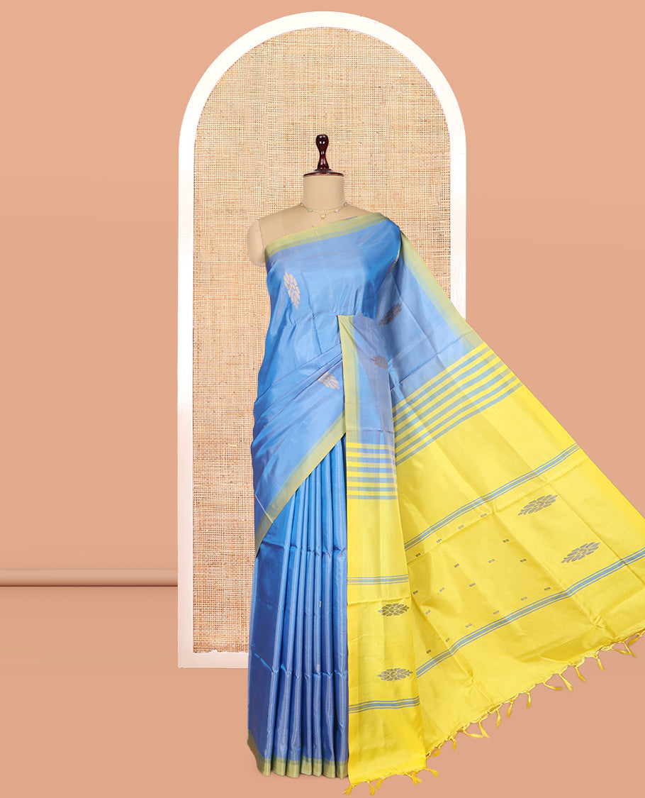 Blue Banana Pith Saree, Woven with Buttas, a Contrast Border, Pallu of Stripes and Buttas, and a Contrast Blouse