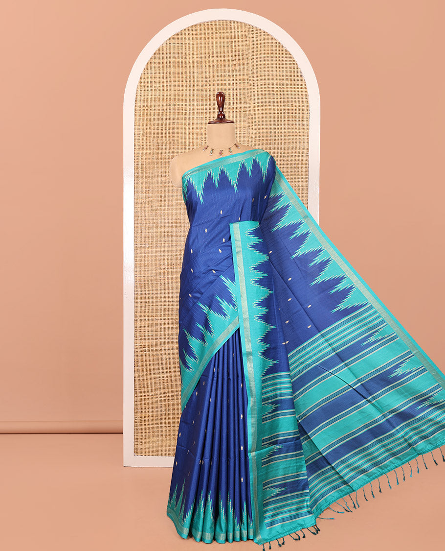 Blue Kathan Silk Saree Adorned with Buttas, Contrast Temple Border, Temple pallu, and Striped Blouse