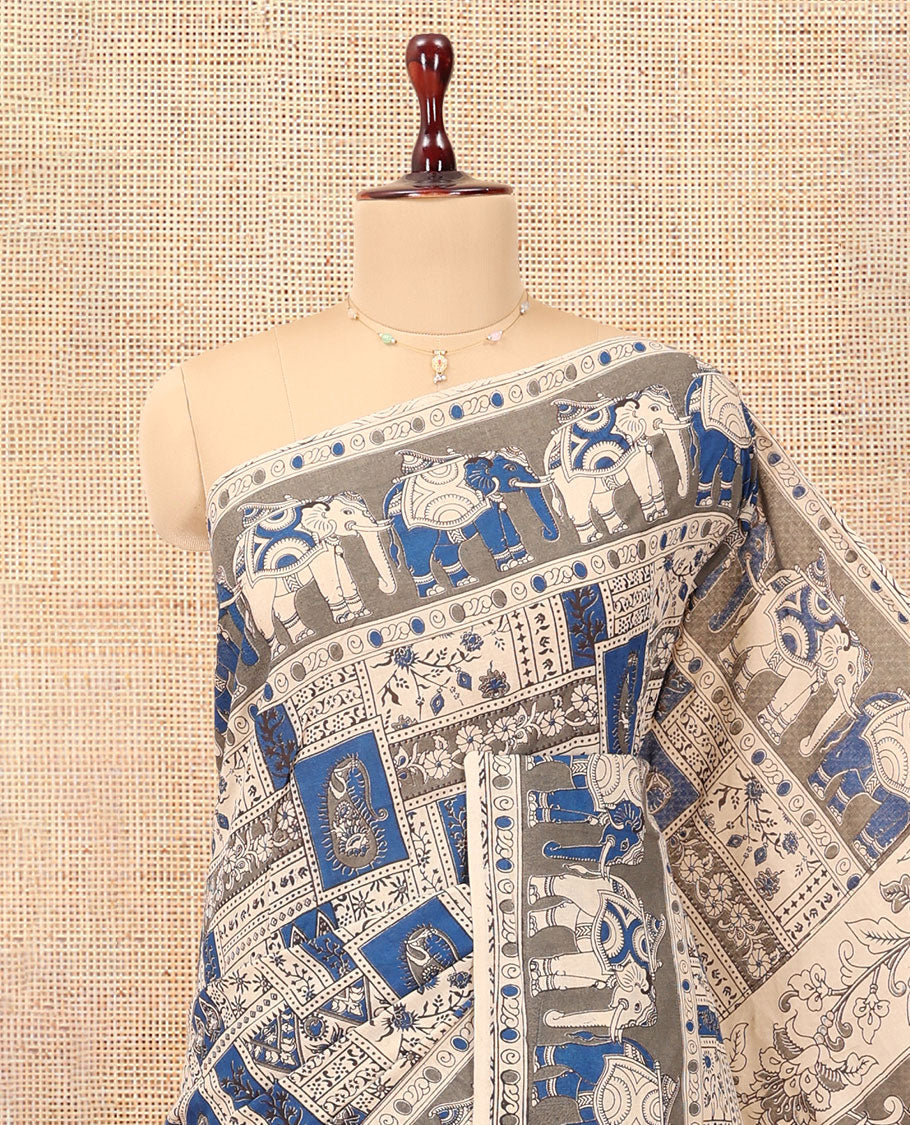 Blue-Grey Kalamkari Cotton Saree, Accentuated with Intricate Print, Complemented By Printed Border, Kalamkari Peacock Motifs Pallu, and a Matching Blouse