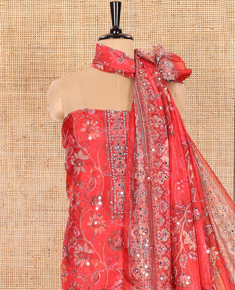 Chilli Red Material Chudidar Set Decked up with Floral Vine with Mirror Work Organza Top, Subtly Made Plain Santoon Bottom, and Organza Dupatta Featuring Floral Vine Print and Mirror Work