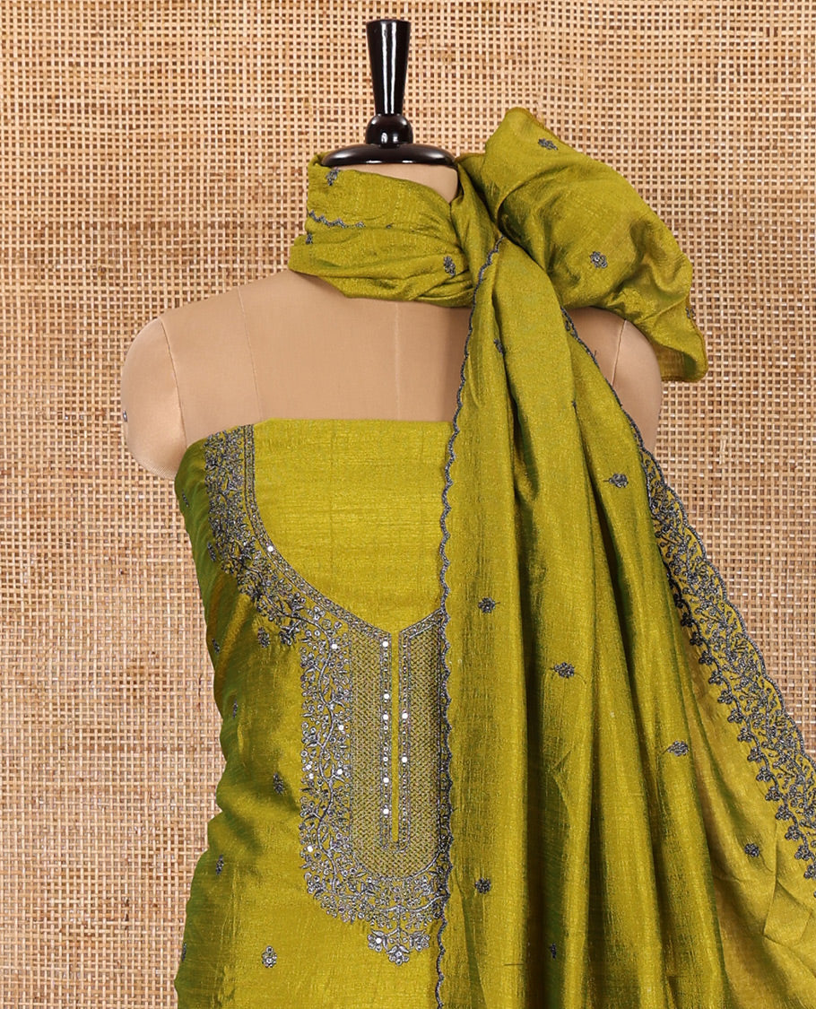 Green Material Chudidar Set Embellished with Thread and Sequins Embroidery Vichitra Silk Top, Subtly Made Plain Santoon Bottom, and a Vichitra Silk Dupatta of Thread and Sequins Embroidery