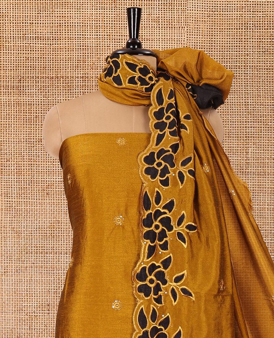 Yellow material chudidar set, sequins work with floral Aplic embroidered Vichitra silk top, matching bottom, and an embroidered dupatta