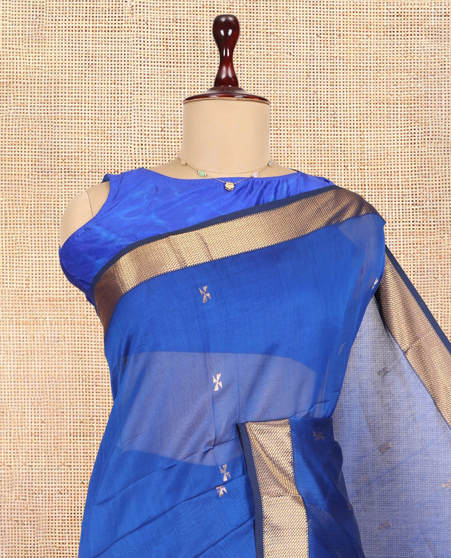 M.s Blue Maheshwari Cotton Saree, Embellished with Zari Buttas, a Contrast Zari Border, Zari Buttas Woven Pallu, and a Matching Blouse