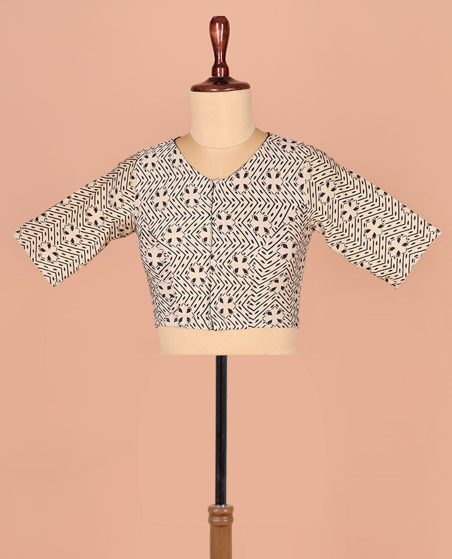 Off-White Readymade Blouse Prettified with Geometric Prints, Featuring a Front Round-Neck, a Back Closed Neck, and Elbow Sleeves