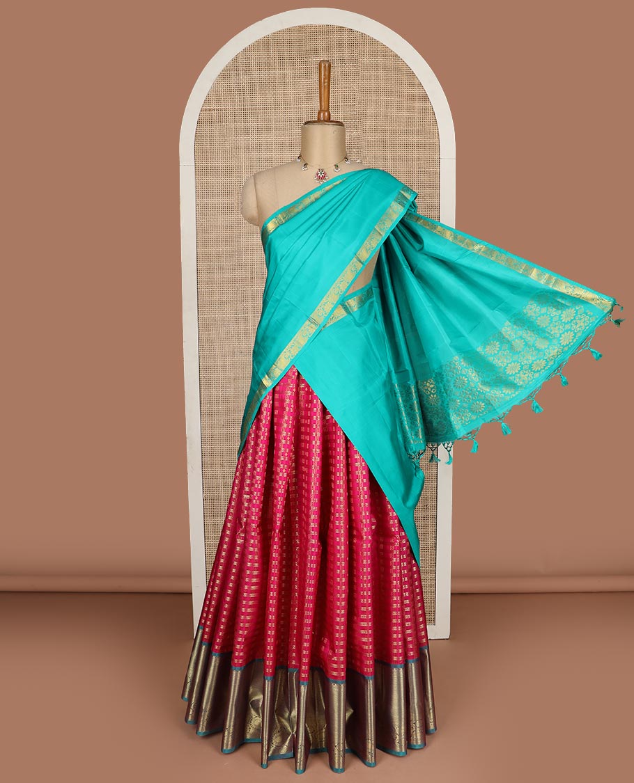 Maroon pure silk half saree, zari design skirt, contrast border and blouse of thilakam, kodi visiry, maga design and mayil kann, and intricate dhavani