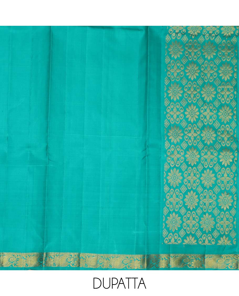 Maroon pure silk half saree, zari design skirt, contrast border and blouse of thilakam, kodi visiry, maga design and mayil kann, and intricate dhavani