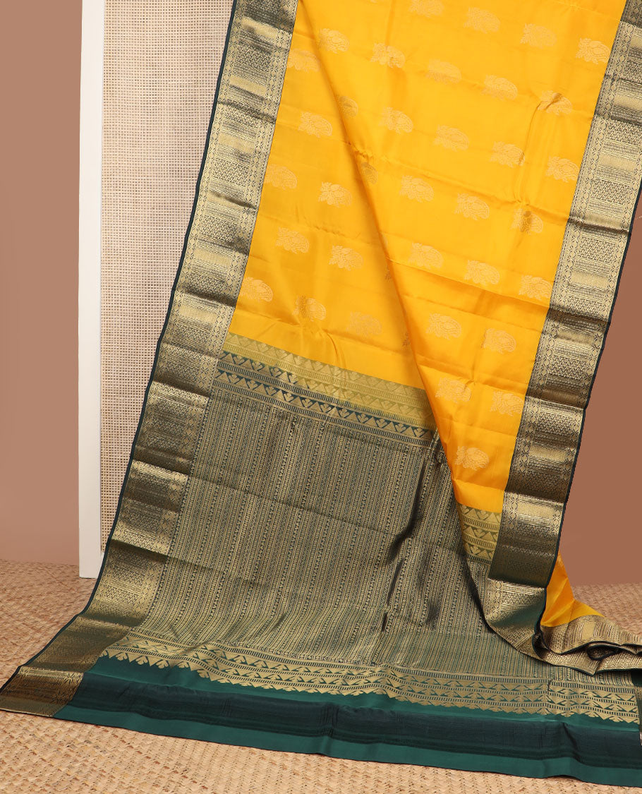 Yellow manga buttas vasundhara silk mix saree, contrast border & pallu of thilakam, neli, manga & other geometric patterns
