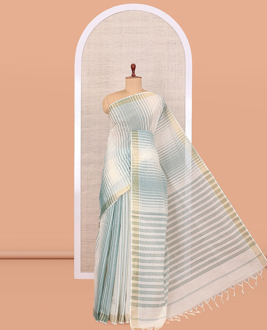 Cream-Green Jute Cotton Saree
