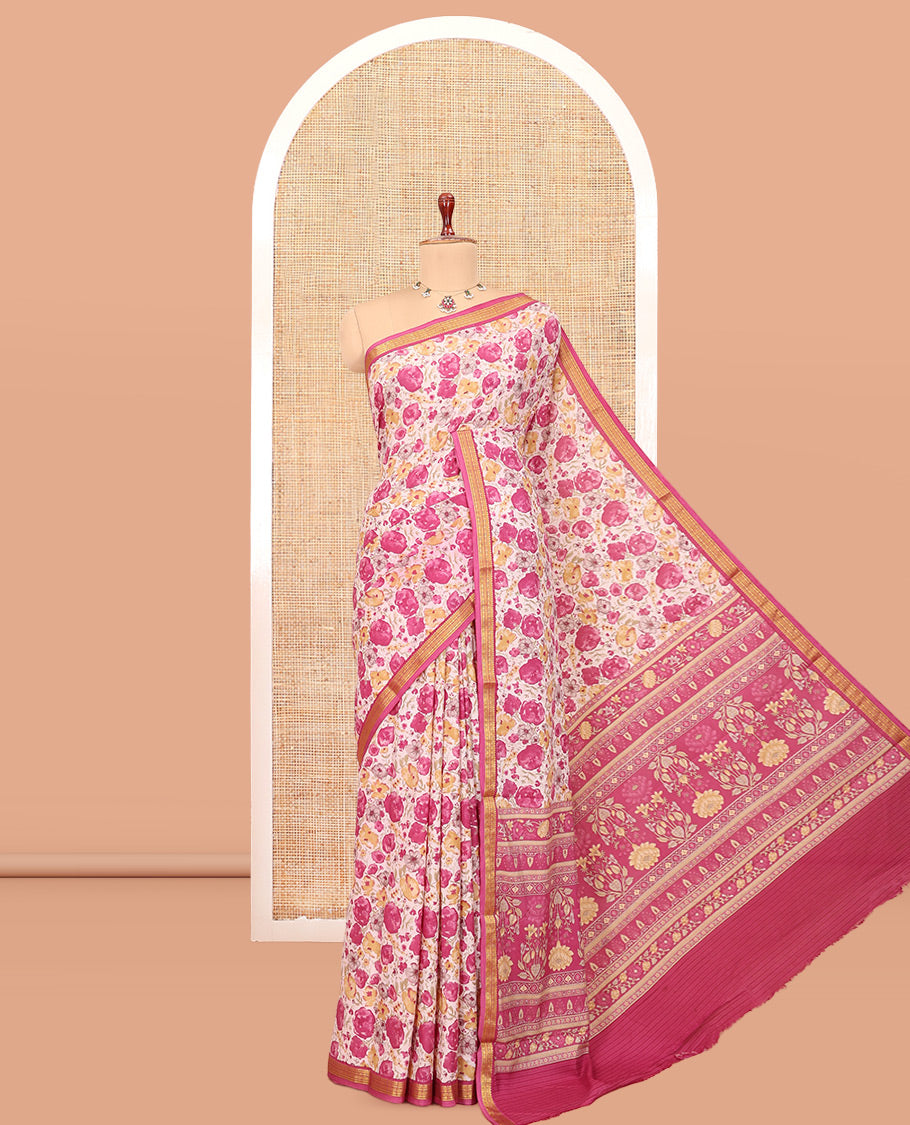 Beige Printed Silk Saree, Beautified with Floral Vine Print, a Contrast Zari Border, Floral Print Pallu, and a Matching Blouse