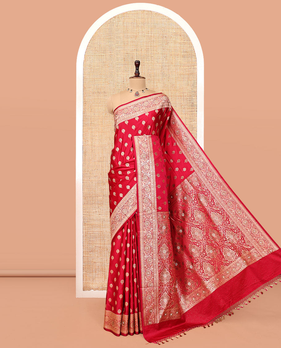 Red Banarasi Satin Saree, Detailed with Floral Buttas, a Floral Creeper Border, Intricate Stonework Pallu, and a Matching Blouse