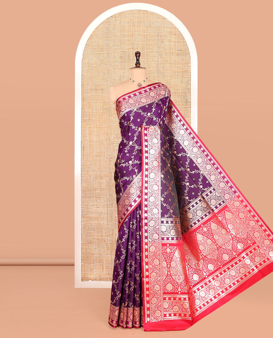 Purple Banarasi Nylon Saree, Gleamed Up with Jaal Jacquard, Contrast Floral Creeper Zari Border, Intricate Pallu, and a Contrast Blouse
