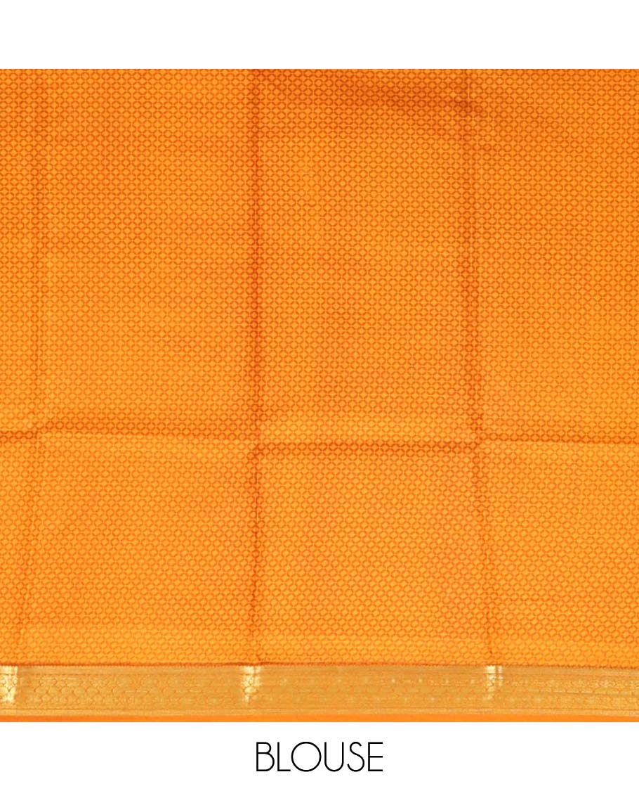 Orange Printed Silk Saree, Ornamented with Intricate Designs, Highlighted by a Traditional Zari Border, Printed Pallu, and a Matching Blouse