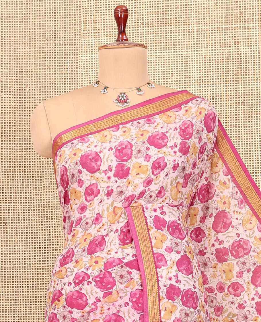 Beige Printed Silk Saree, Beautified with Floral Vine Print, a Contrast Zari Border, Floral Print Pallu, and a Matching Blouse