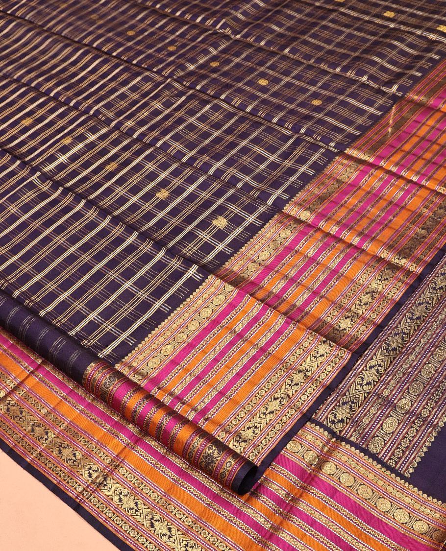 Violet Kanchipuram Designer Silk Saree Features Mayil-Chakra Checks, Contrast Border of Thilakam Mokku, Muthu, Poun, Chakram, Neli, and Mayil Kann, Geometric Pallu, and a Matching Blouse