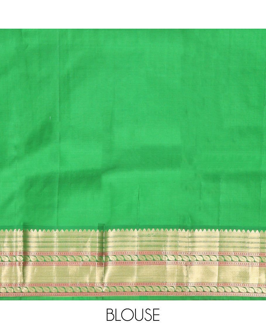 Sandal Kanchipuram Silk Saree, Sparsely Woven with Zari Buttas and Stripes, Contrast Border of Rekku, Muthu, Neli, and Kodi Visiry Designs, Pallu of Jaal Design, and a Contrast Blouse