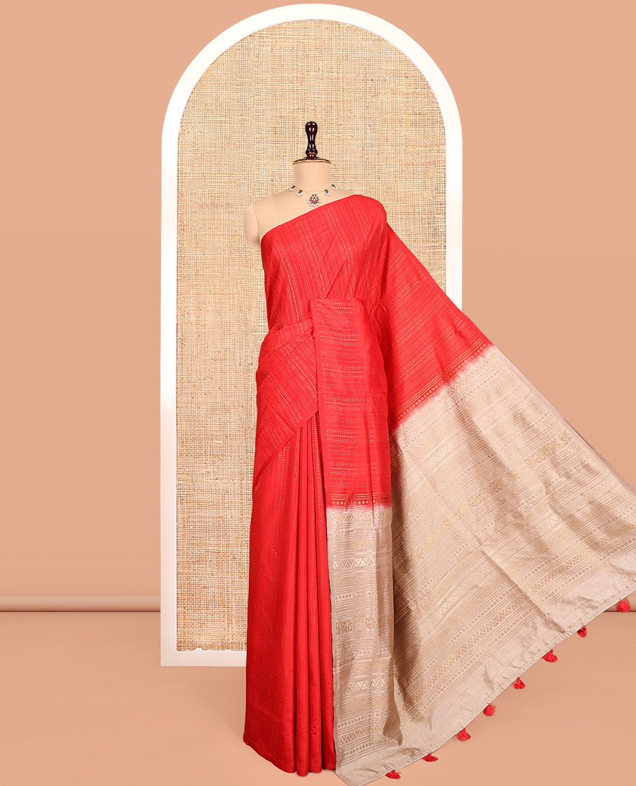 Borderless Red Matka Silk Saree, Steeped with Zari Stripes All Over Its Body, Complemented by a Contrast Pallu of Geometric Zari Designs, and Paired with Contrast Blouse