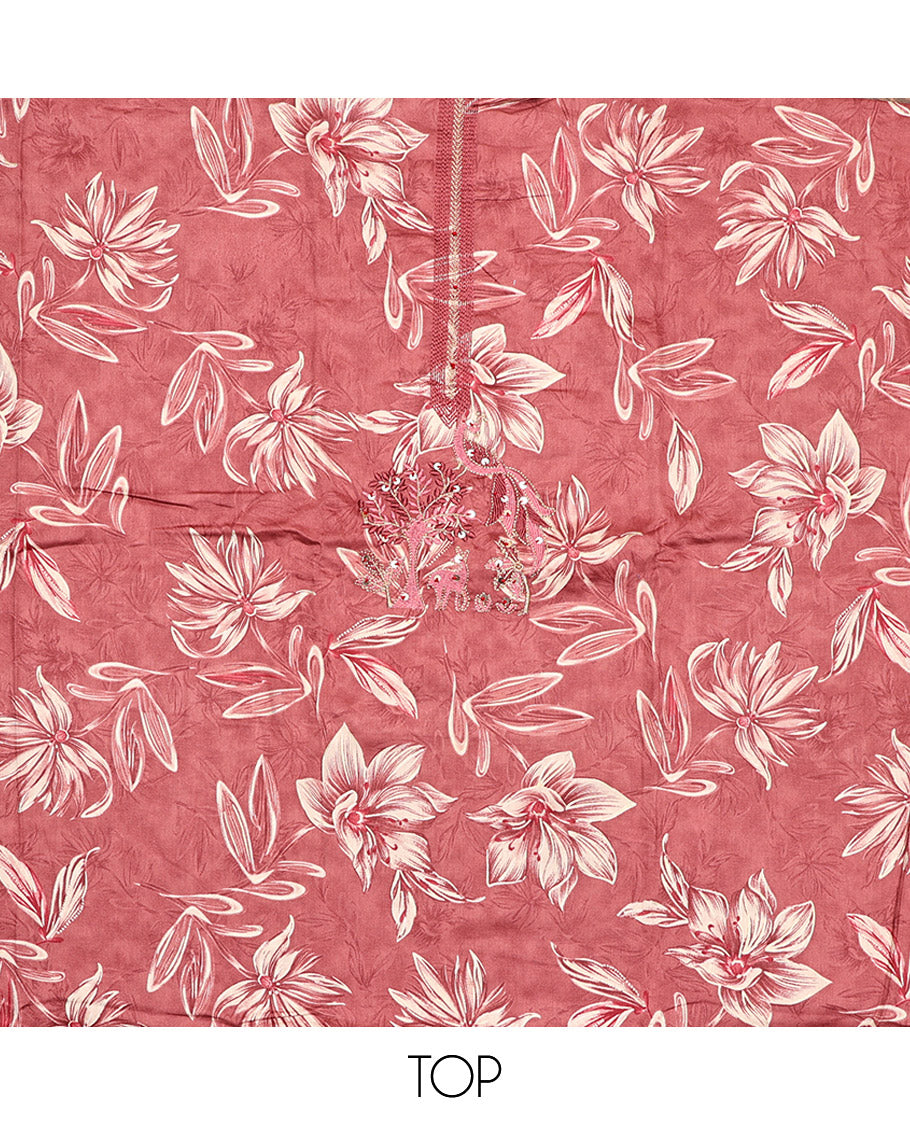 Pink Material Chudidar Set, Accentuated with Floral Print, and Embroidery on Its Muslin Top, a Plain Cotton Bottom, and Paired with a Peacock Printed Lilan Cotton Dupatta