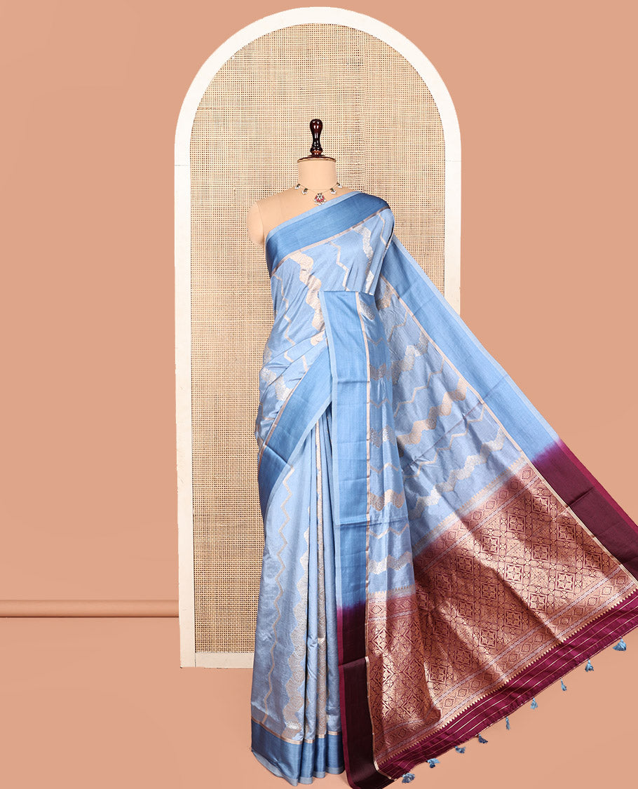 Blue Dupion Silk Saree, Richly Detailed with Floral Creeper and Chevron Stripes, Complemented by Contrast Border, Pallu of Jaal Design, and a Contrast Blouse