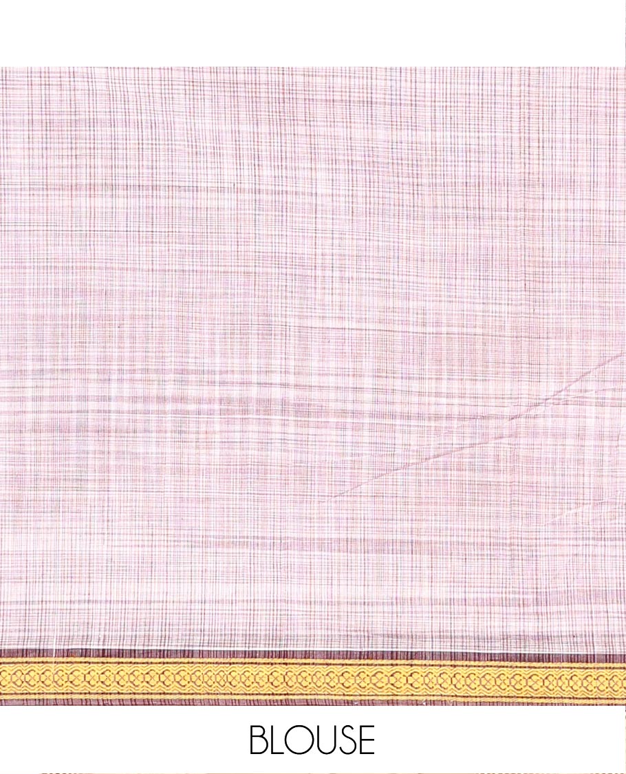 Pale Purple Andhra Cotton Saree, Sparsely Textured Heathered Patterns All Over Its Body, Complemented by Contrast Traditional Border, Pallu Steeped with Stripes, and Paired with a Matching Blouse