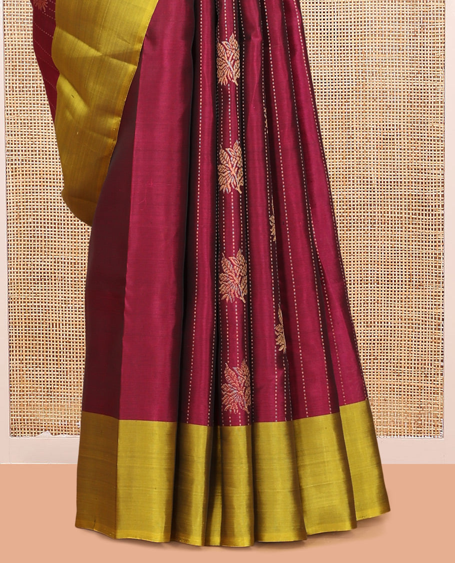 Red Mayuri Lite Silk Mix Saree, Gleamed Up with Zari Buttas and Stripes, Contrast Border, Chevron Striped Pallu, and a Contrast Blouse