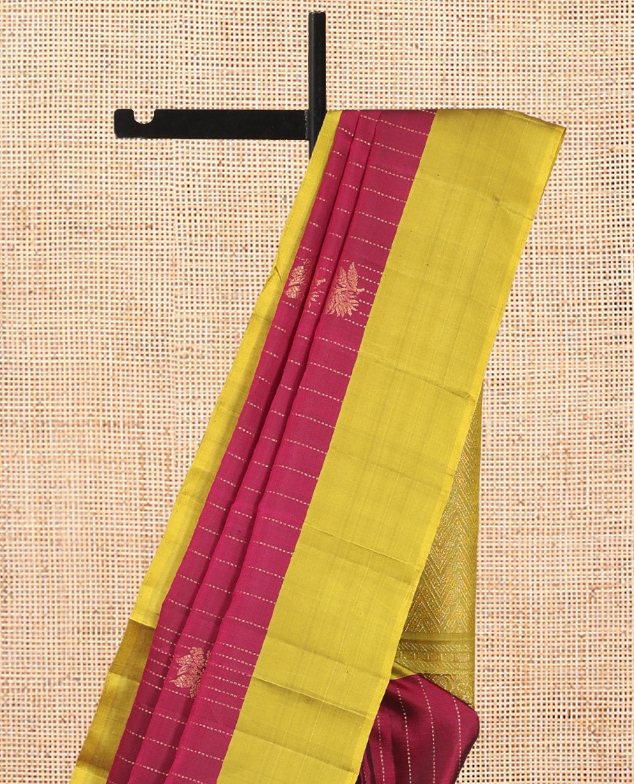 Red Mayuri Lite Silk Mix Saree, Gleamed Up with Zari Buttas and Stripes, Contrast Border, Chevron Striped Pallu, and a Contrast Blouse