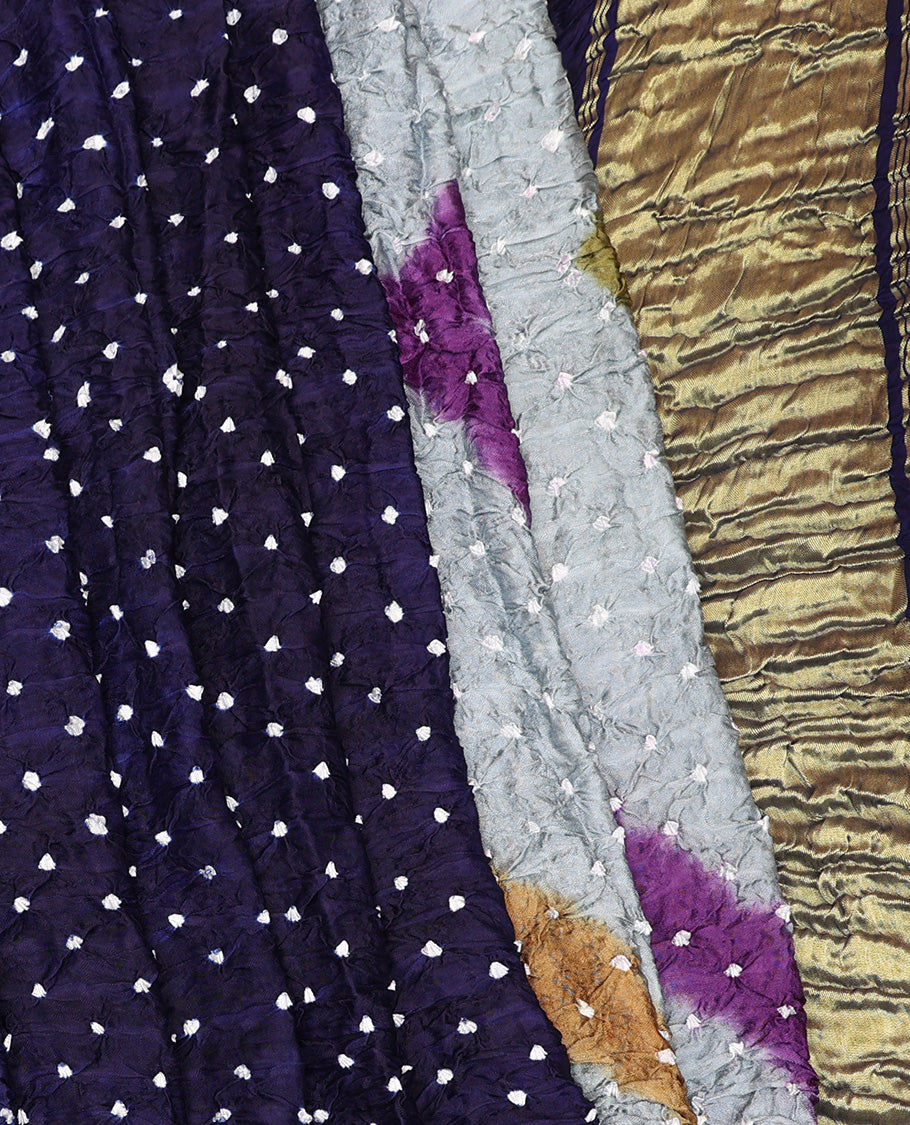Borderless Navy Blue Bandhani Dola Silk Saree