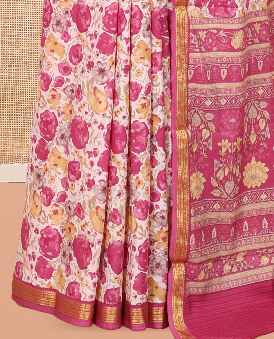 Beige Printed Silk Saree, Beautified with Floral Vine Print, a Contrast Zari Border, Floral Print Pallu, and a Matching Blouse