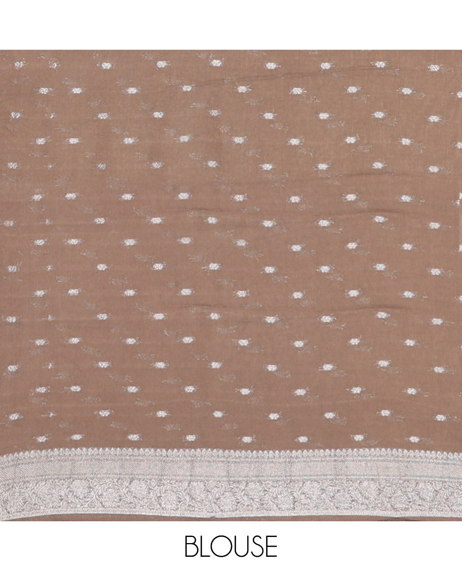 Brown Georgette Saree, Steeped with Buttas, Highlighted by a Traditional Floral Creeper Border, Intricately Designed Pallu, and a Matching Blouse