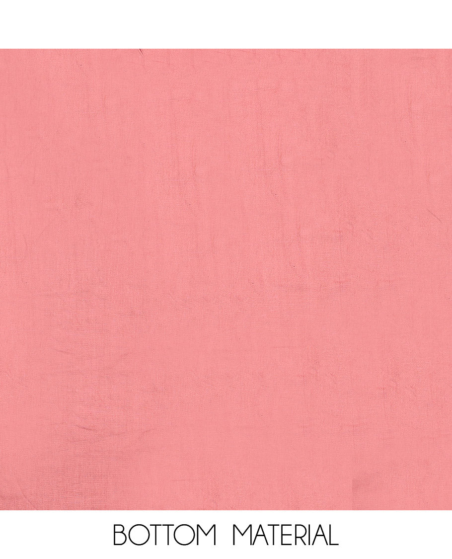 Pink Material Chudidar Set, Accentuated with Floral Print, and Embroidery on Its Muslin Top, a Plain Cotton Bottom, and Paired with a Peacock Printed Lilan Cotton Dupatta