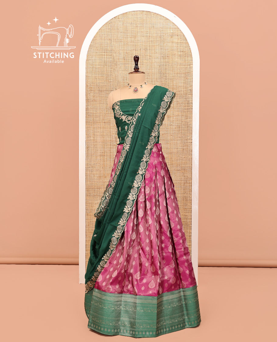 Pink Art Silk Half Saree, Adorned with Buttas Woven Skirt, Contrast Traditional Border, an Embroidered Blouse, and Contrast Scallop Embroidered Dhavani