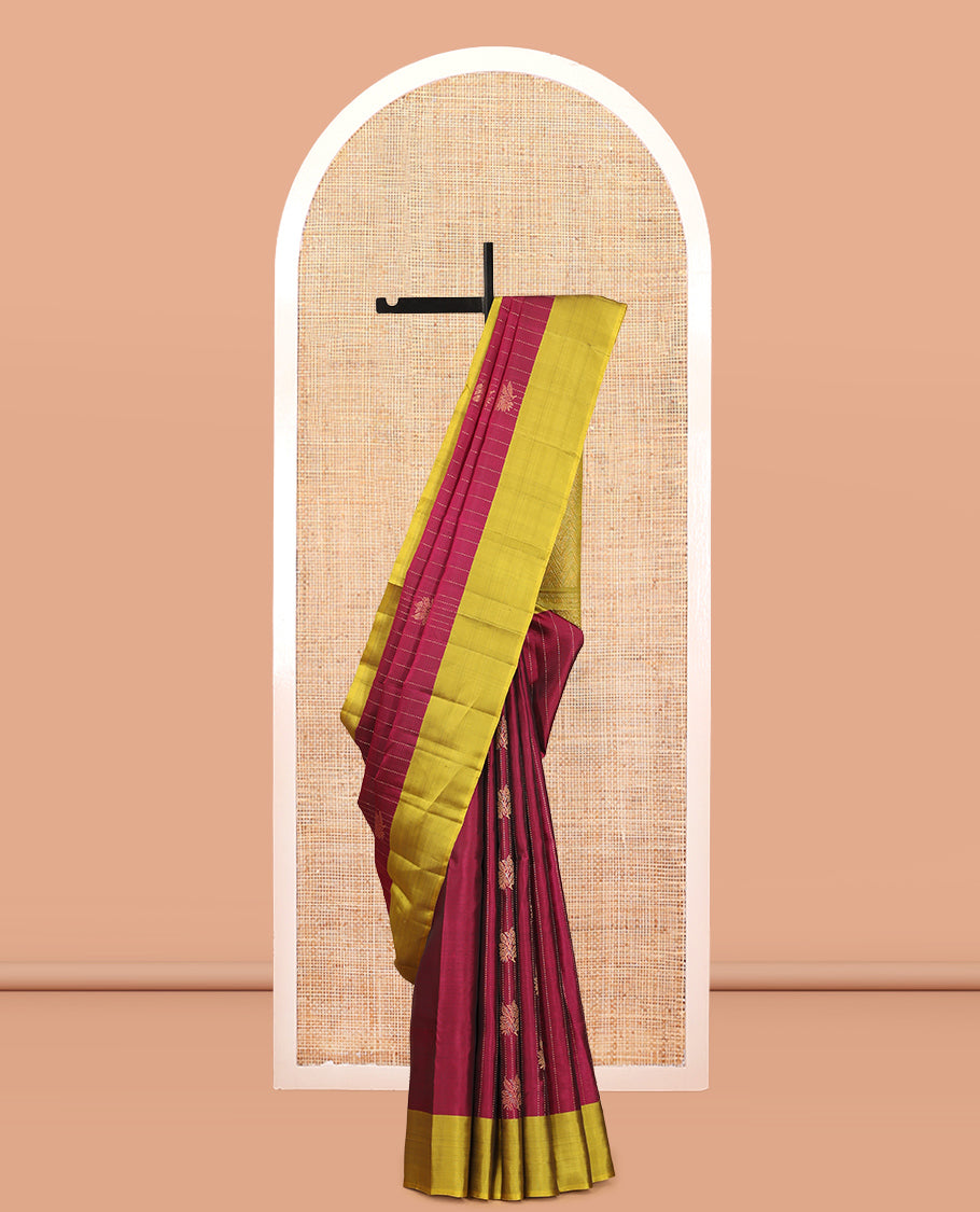 Red Mayuri Lite Silk Mix Saree, Gleamed Up with Zari Buttas and Stripes, Contrast Border, Chevron Striped Pallu, and a Contrast Blouse