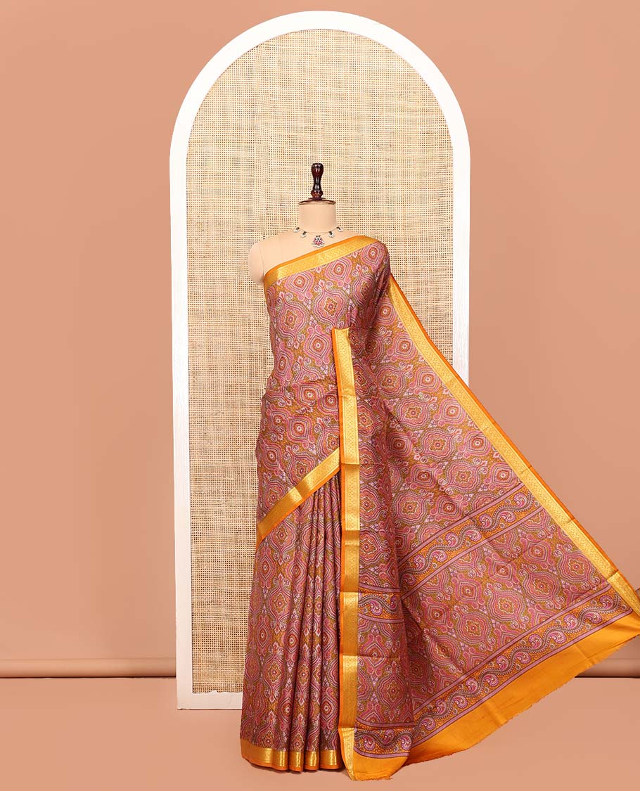 Orange Printed Silk Saree, Ornamented with Intricate Designs, Highlighted by a Traditional Zari Border, Printed Pallu, and a Matching Blouse