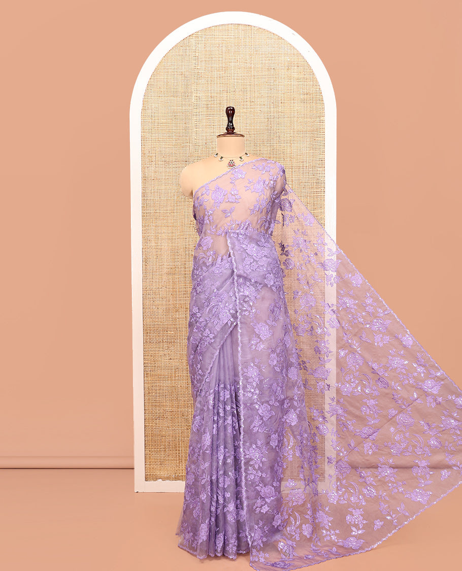 Lavender Organza Saree, Prettified with Floral Vine Sequins-Thread Embroidery, Scallop-Embroidered Border, and a Matching Blouse