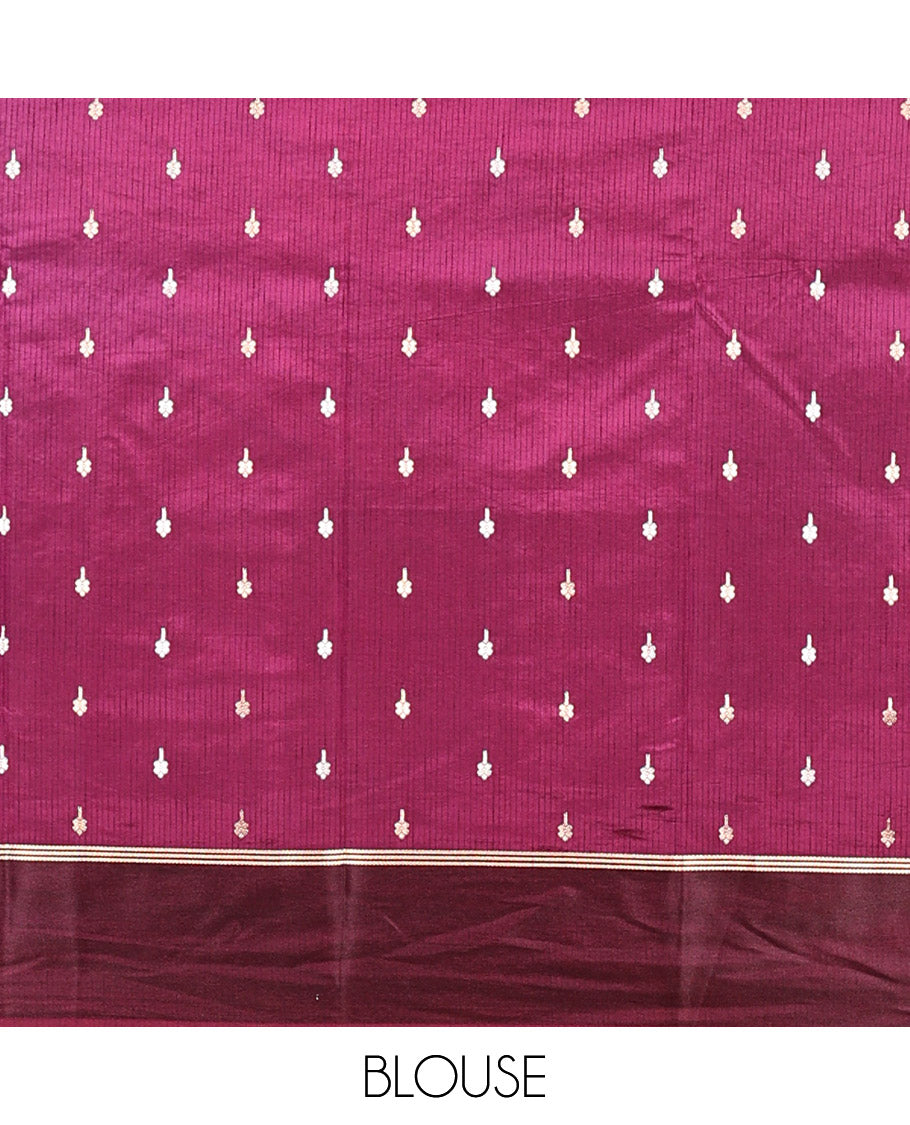 Blue Dupion Silk Saree, Richly Detailed with Floral Creeper and Chevron Stripes, Complemented by Contrast Border, Pallu of Jaal Design, and a Contrast Blouse