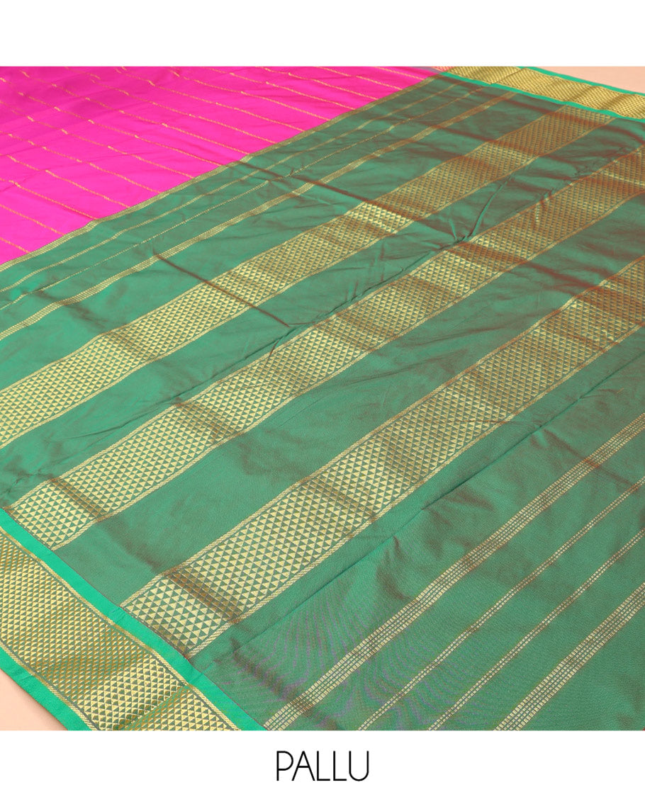 Rani Pink Art-Silk Nine Yard Saree, Woven with Veldhari Stripes, a Contrast Ara Maadam Border, Pallu of Ara Maadam Designs, and No Blouse