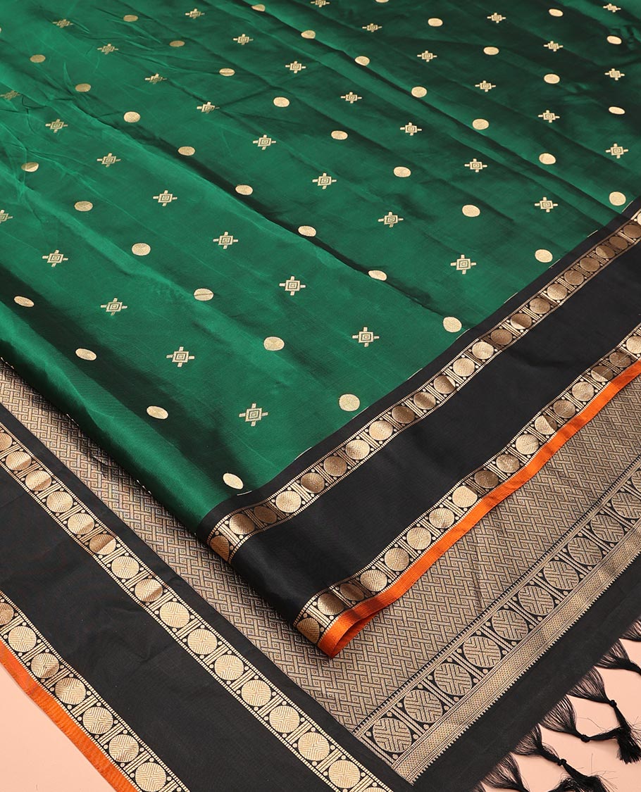 Green Buttas Vasundhara Lite Silkmix Saree, Contrast Rettai-Pettu Border, Contrast Blouse
