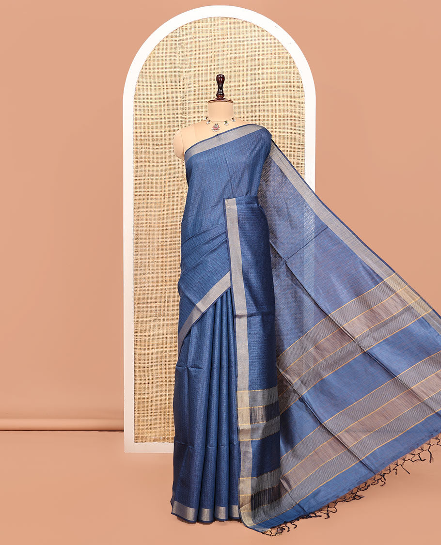 Blue Textured Tussar Silk Saree, a Subtle Border, a Striped Pallu, and a Matching Blouse
