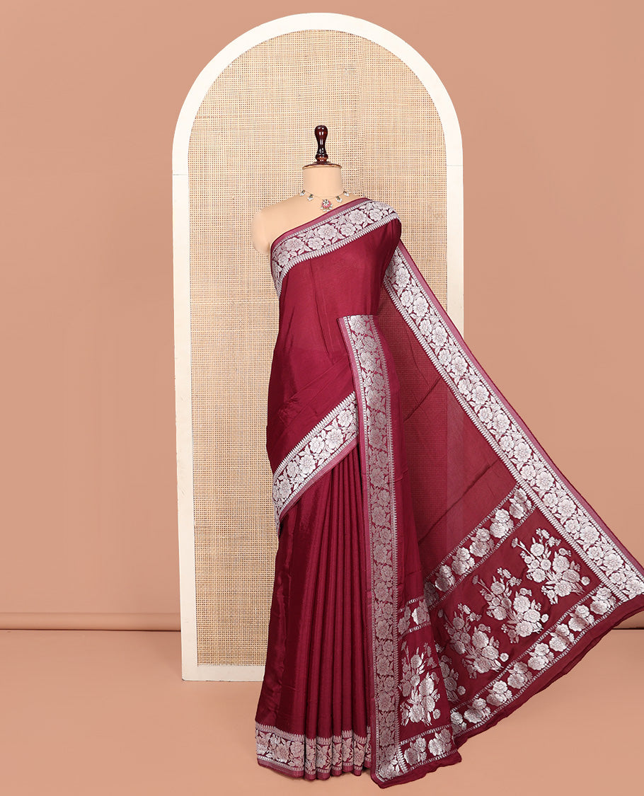 Maroon Plain Fancy Crepe Saree, Mesmerized with a Floral Creeper Border, a Floral Design Pallu, and a Matching Blouse