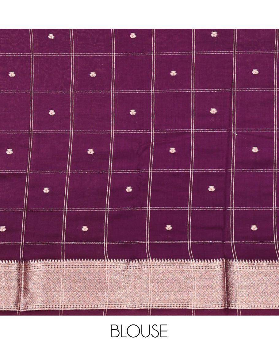 Light Purple Assam Silk Saree, Detailed with Zari Butta Enclosed Checks, Complemented by a Contrast Traditional Zari Border, Zari Design Pallu, and a Contrast Blouse