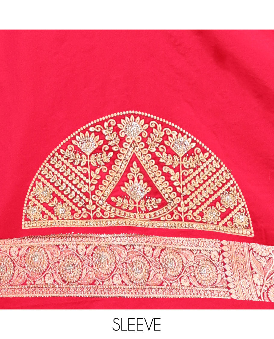 Red Banarasi Satin Saree, Detailed with Floral Buttas, a Floral Creeper Border, Intricate Stonework Pallu, and a Matching Blouse