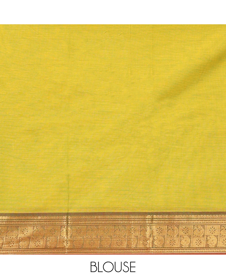 Light Green Plain Chettinad Cotton Saree, Complemented by Contrast Traditional Zari Design Border, Pallu of Stripes, and Paired with a Matching Blouse