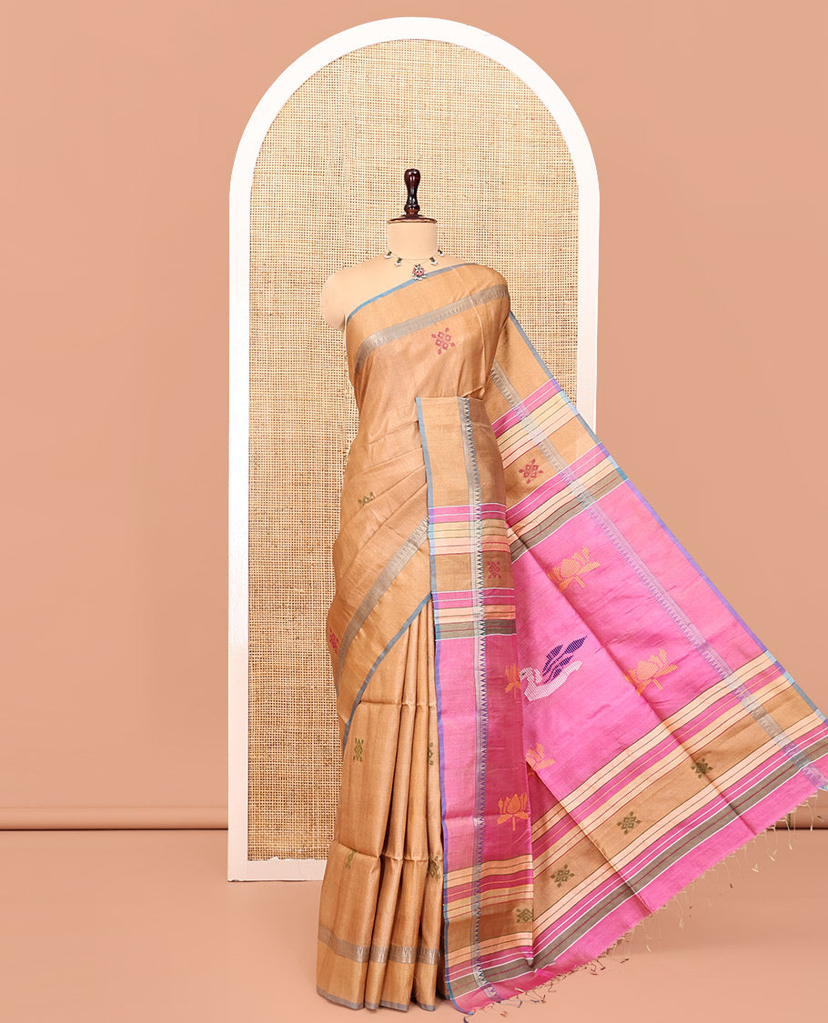 Sandal Tussar Silk Saree, Crafted with Thread Motifs, Temple Border, Contrast Lotus Pallu, and Contrast Blouse