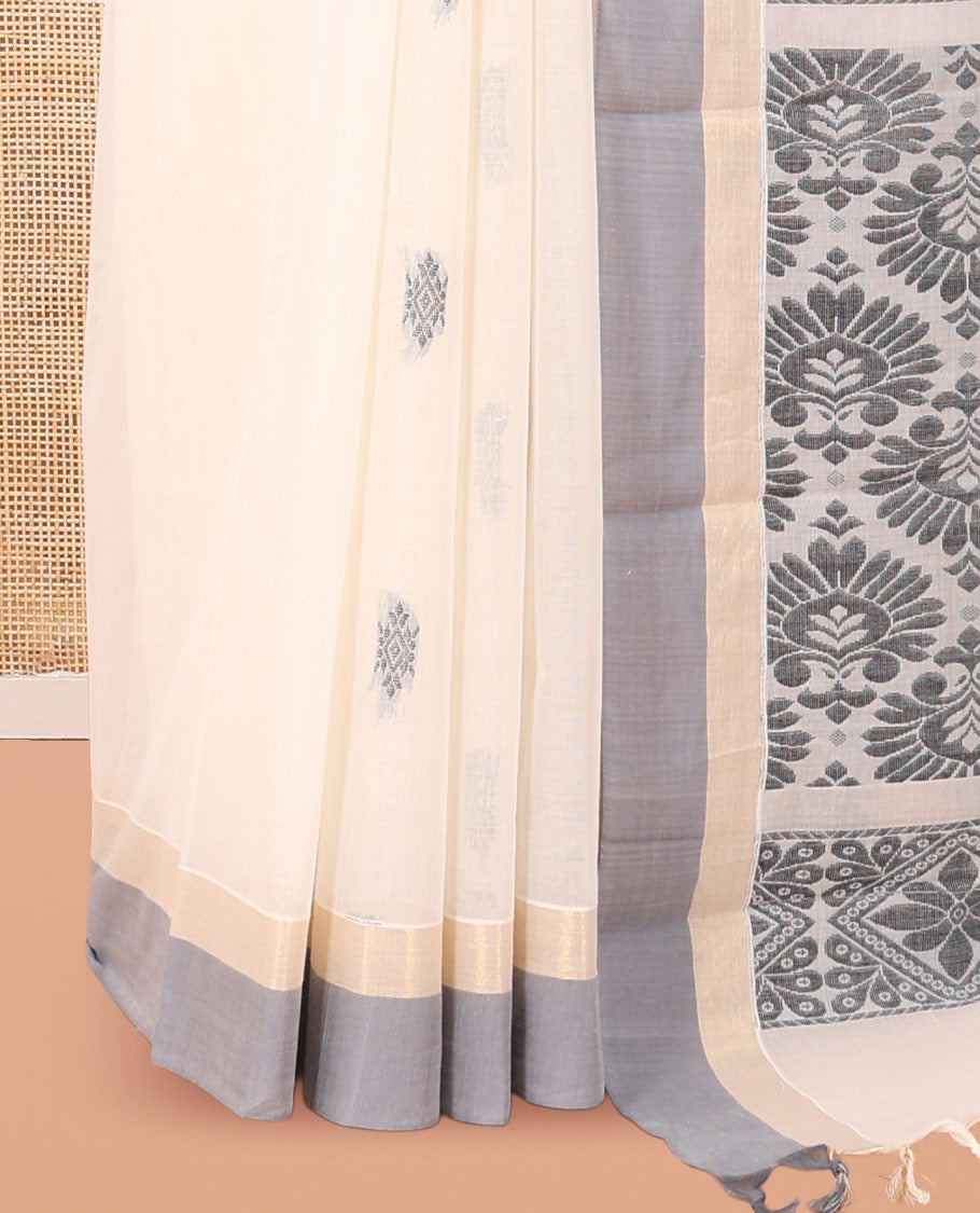 White Kanchi Cotton Saree, Woven with Thread Buttas, a Contrast Border, Intricate Pallu, and a Matching Blouse