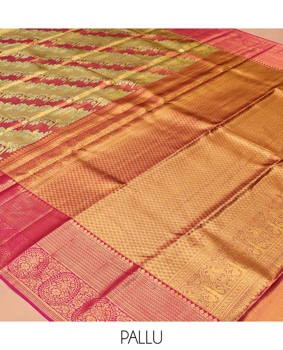 Green Kanchipuram Tissue Silk Saree, Gracefully Embellished with Floral Jacquard, Complemented by a Contrast Border, Jaal Pallu, and a Contrast Blouse