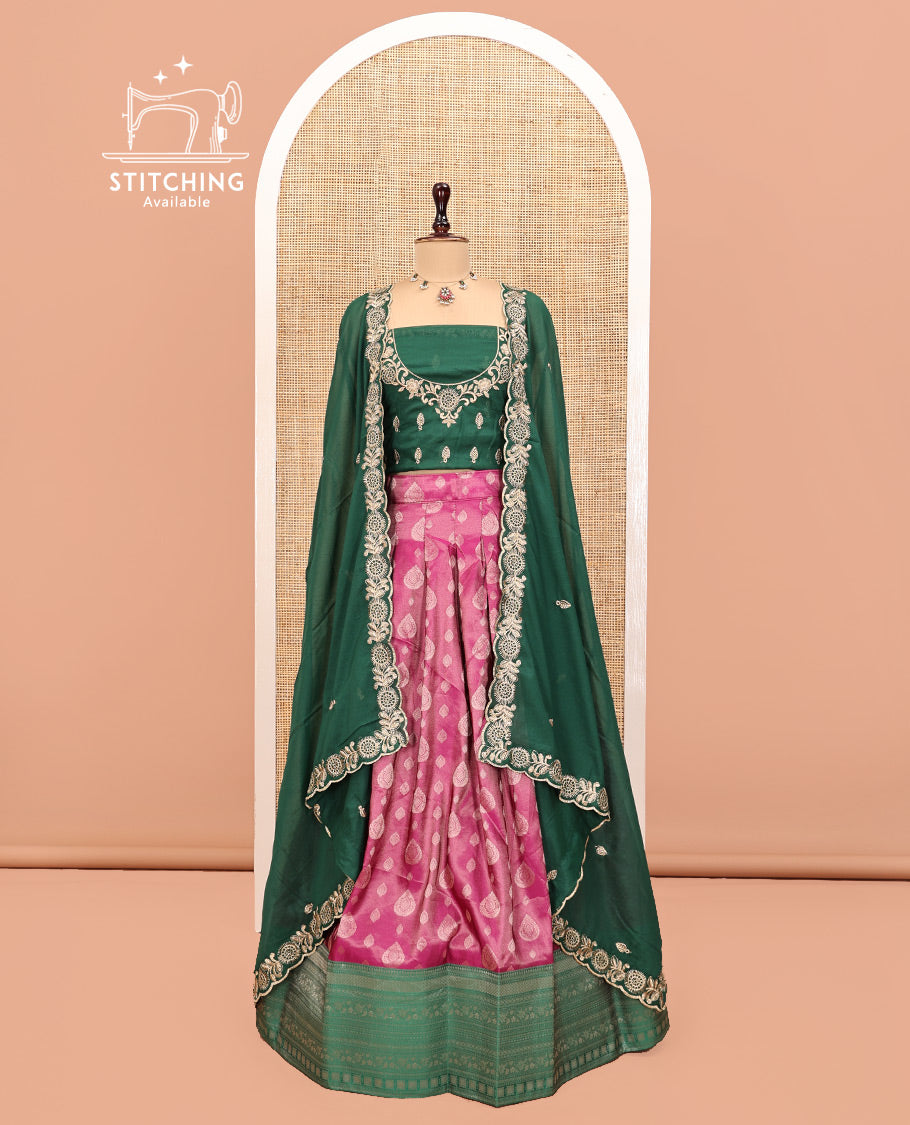 Pink Art Silk Half Saree, Adorned with Buttas Woven Skirt, Contrast Traditional Border, an Embroidered Blouse, and Contrast Scallop Embroidered Dhavani