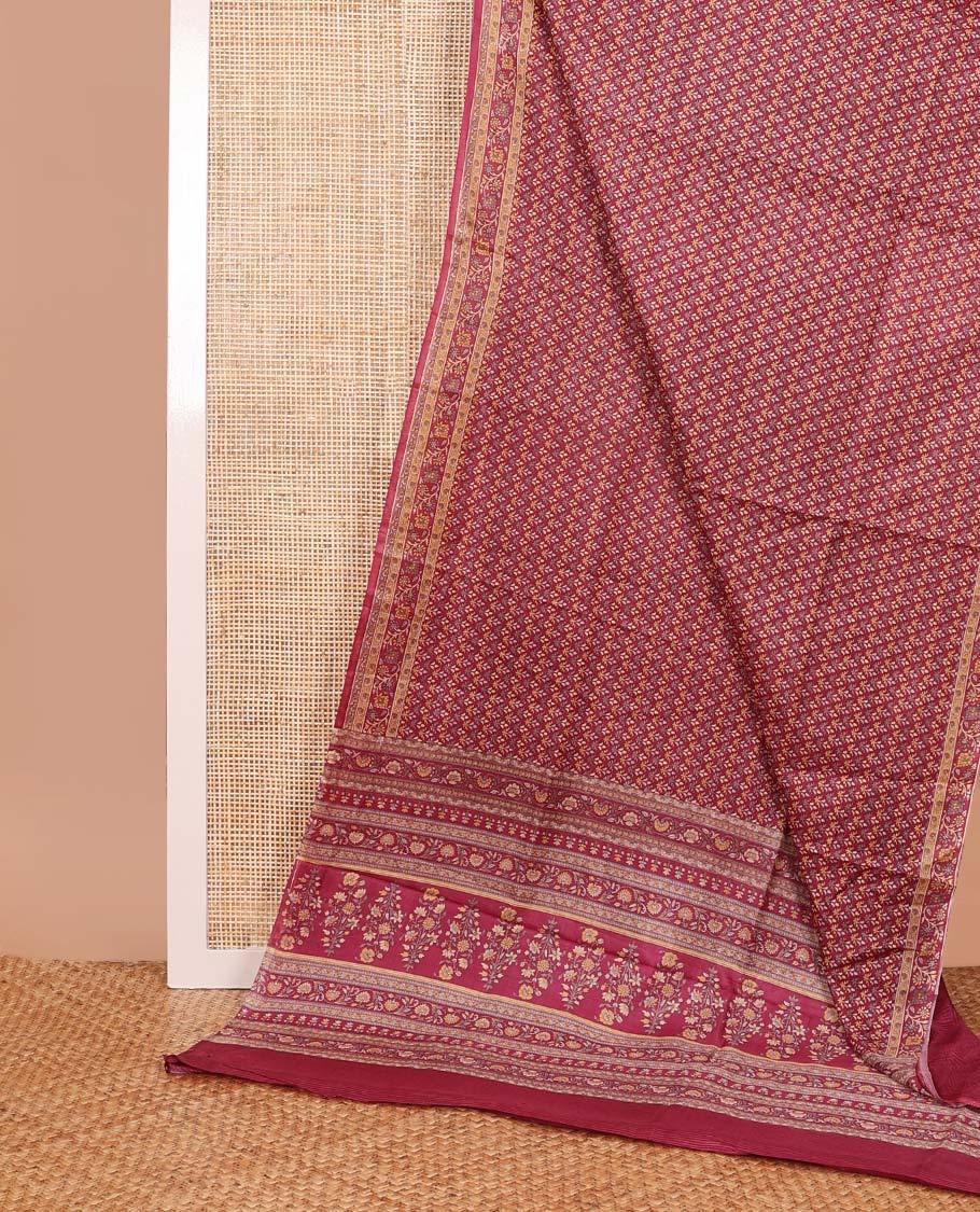 Maroon leaf design printed silk saree with contrast intricate design border & floral design pallu