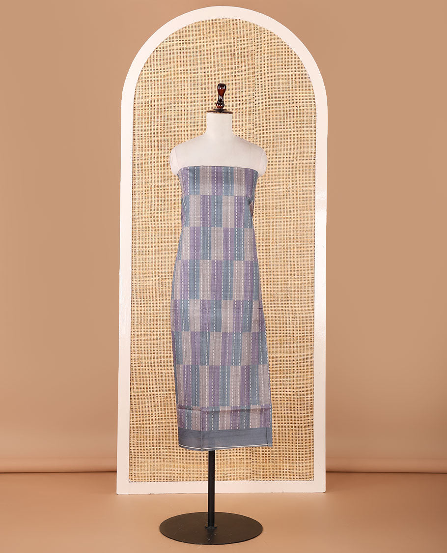 Grey semi-tussar material chudidar set,geometric & kantha print top,heathered plain bottom & dupatta of geometric & floral print